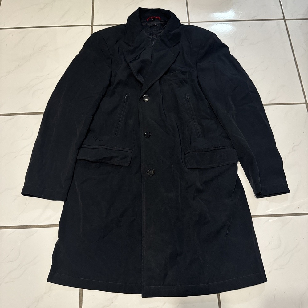 FAY Men's Dark Navy Trench Coat Button Made in Italy Size XXL Designer Zip Satin
